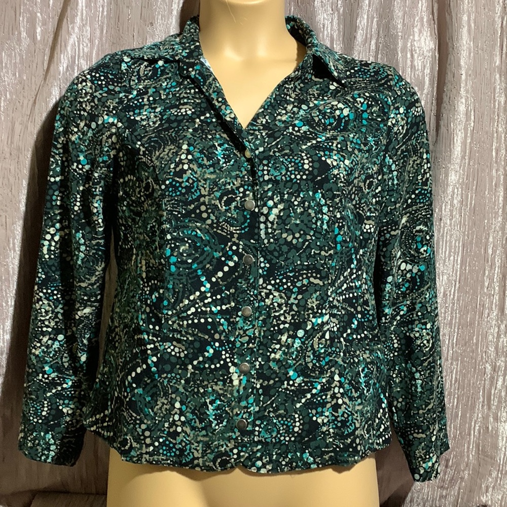 Christopher & Banks Jacket M Long Sleeve Snap Metal Buttons Green Black Blue
